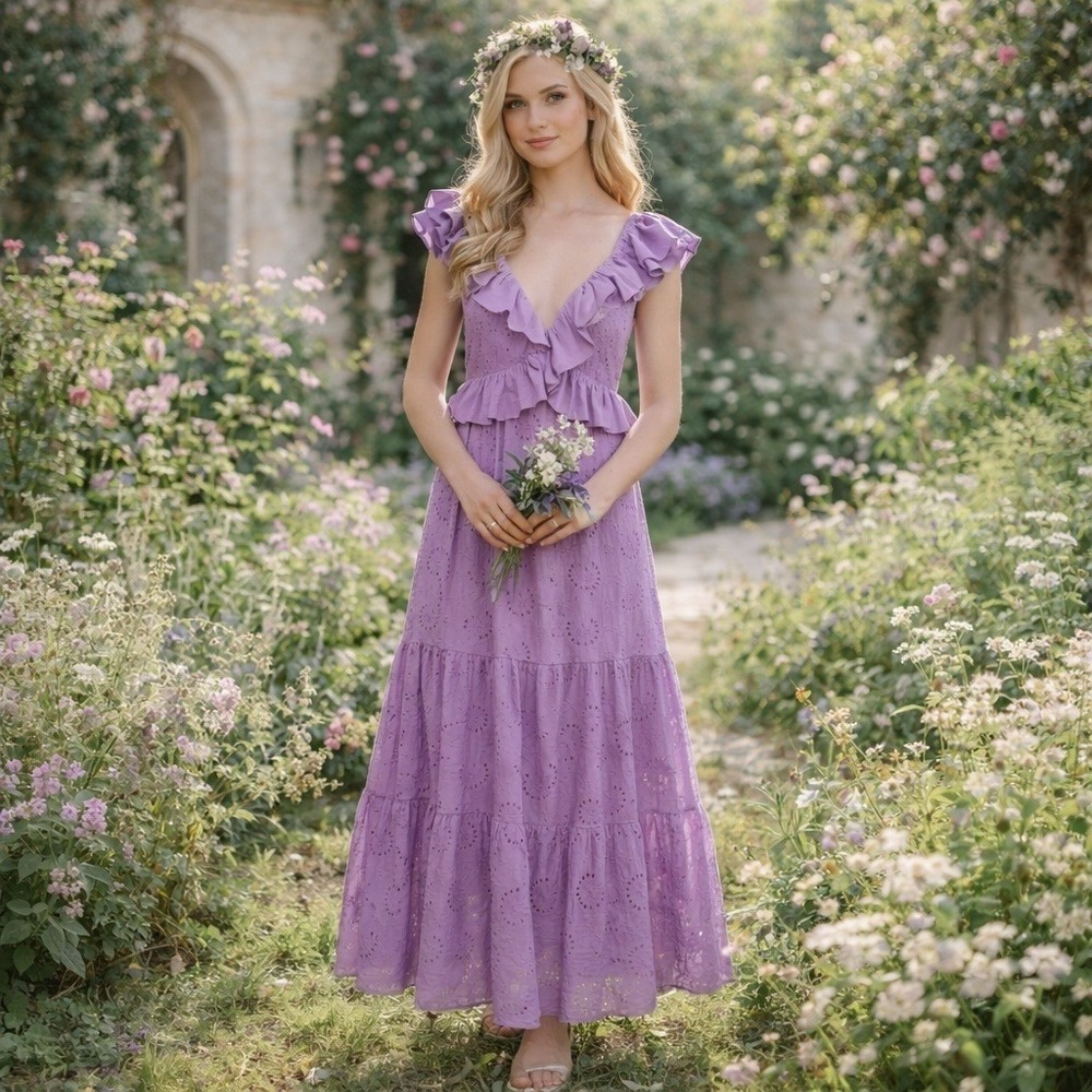 Flying Tomato Lavender Eyelet Cottagecore Maxi Dress XS Fairy Garden Whimsical